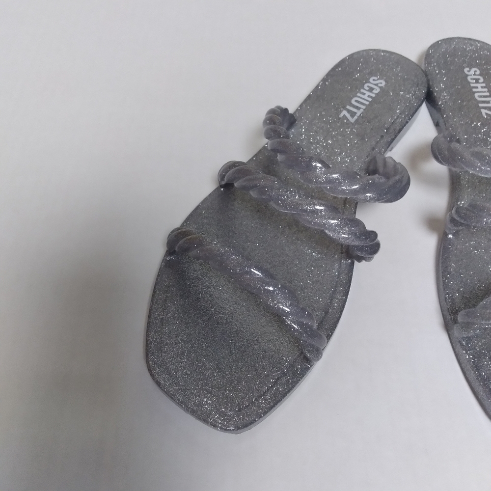 Schutz Silver Metallic Glitter Jelly Gladiator Flat Slide On  Sandals Size 9 - Picture 4 of 9